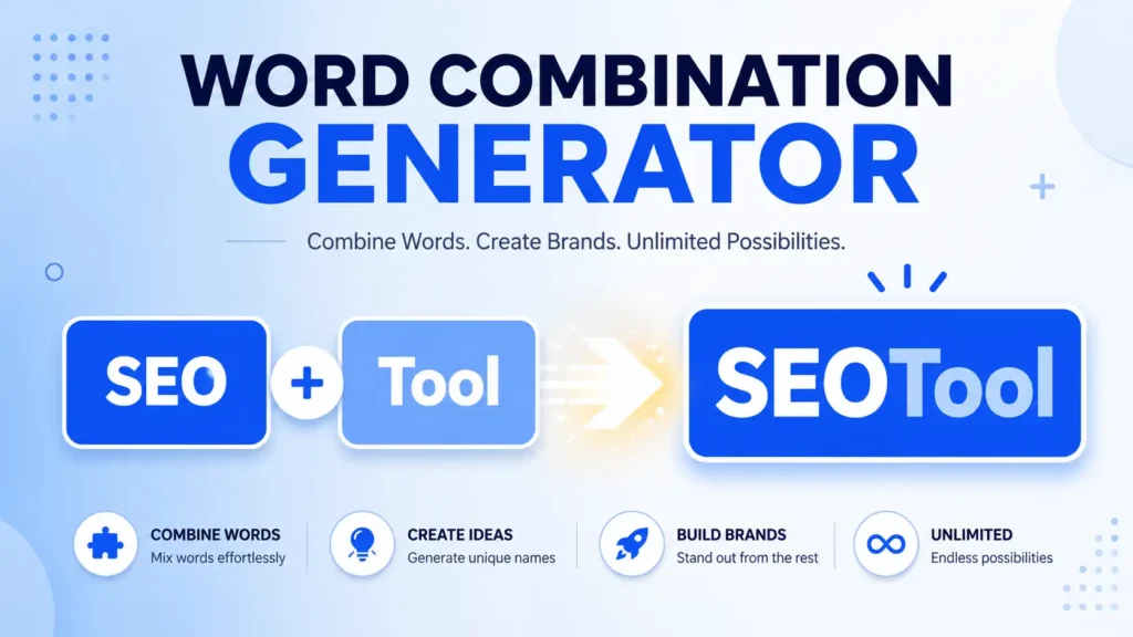 Mergewords tool interface showing word combiner and word combination generator
