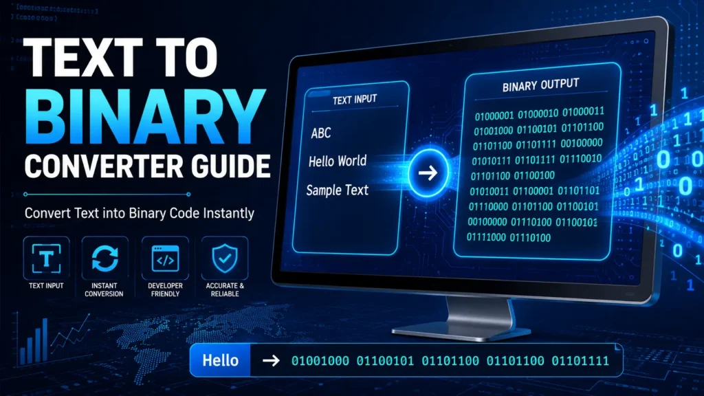 Text to Binary Converter Guide showing text converted into binary code using an online converter tool.