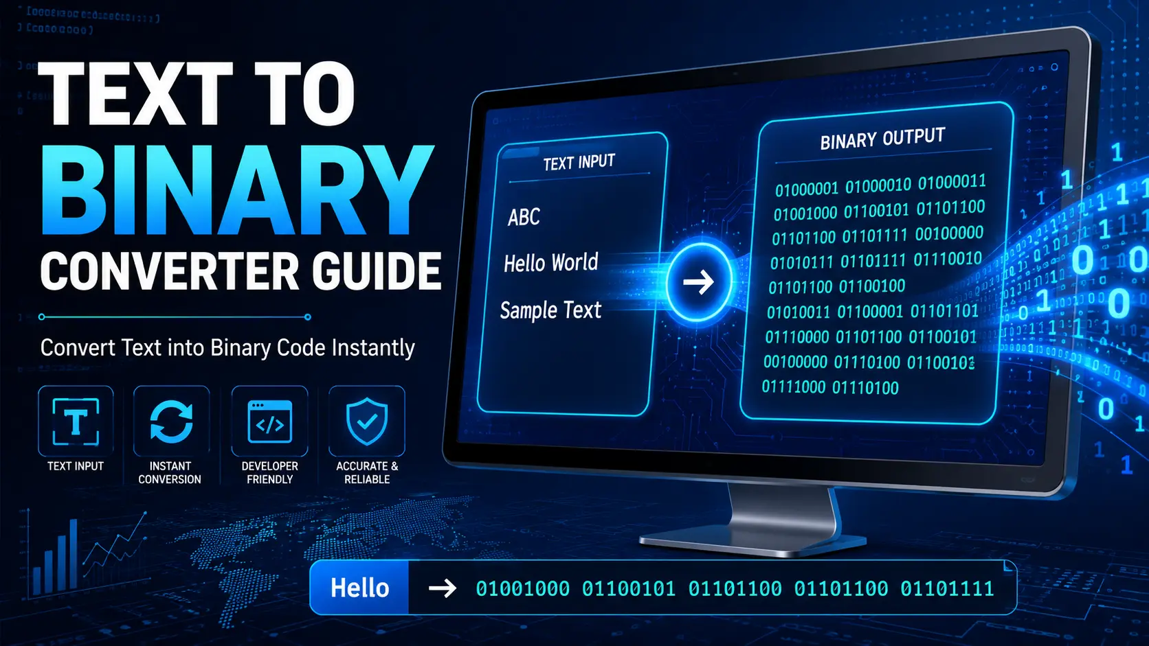 Text to Binary Converter Guide showing text converted into binary code using an online converter tool.