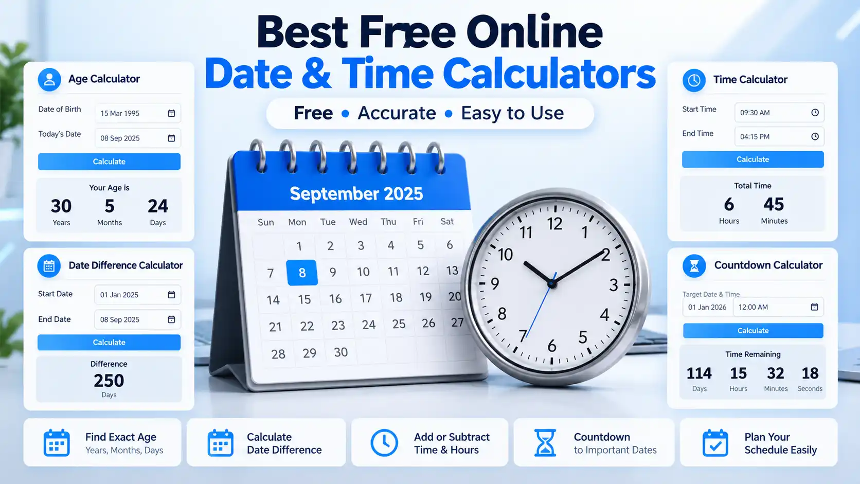 Best free online date and time calculators for age, date difference, hours, and countdown calculations