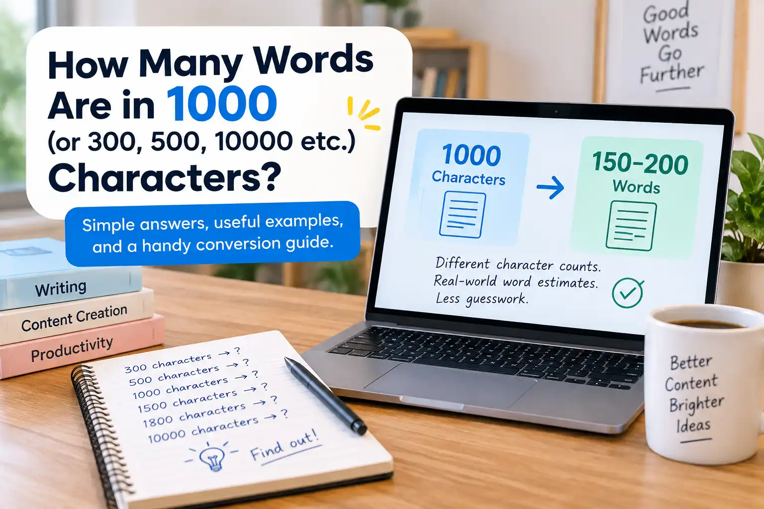 1000 characters to words conversion guide showing 150–200 words and other character limits